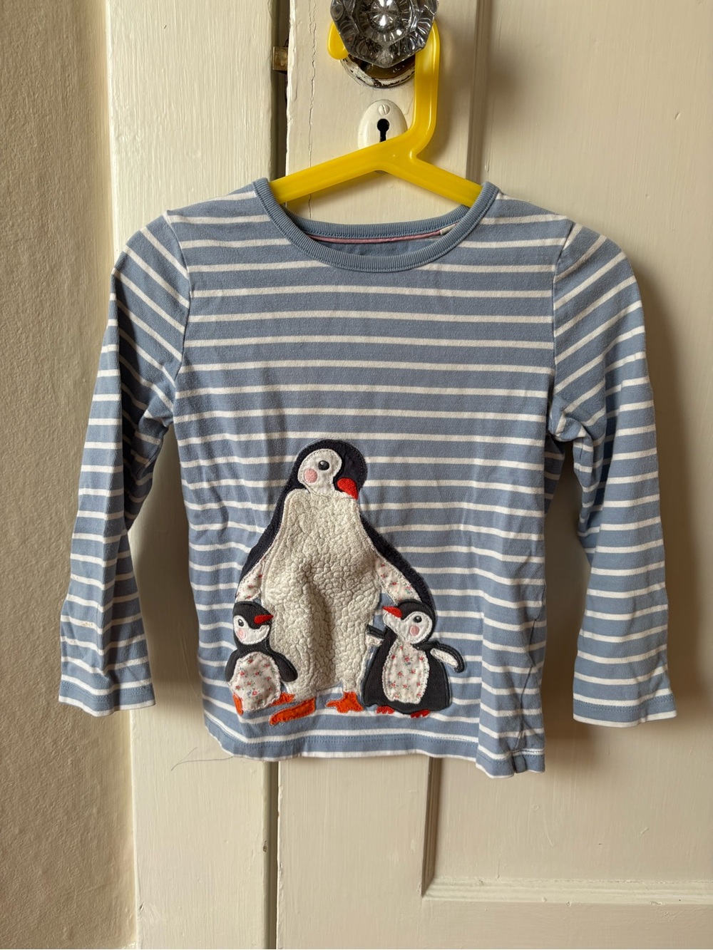 Mini Boden Blue & White Striped Penguin Appliqué Long Sleeve Top